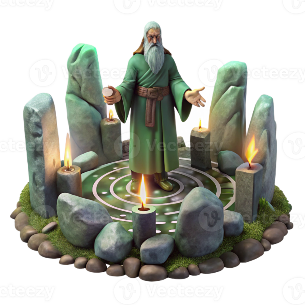vibrant artistic A wise old Celtic druid performing a ritual in a stone circle, surrounded by swirling mist and ancient runes, Art Nouveau style, mystical lighting, 4K png