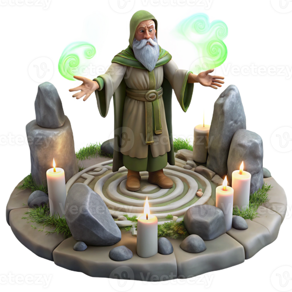 stunning abstract A wise old Celtic druid performing a ritual in a stone circle, surrounded by swirling mist and ancient runes, Art Nouveau style, mystical lighting, genuine png
