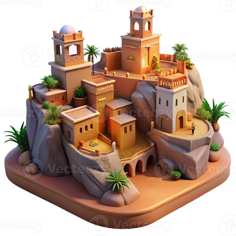 magnificent minimalist A desert oasis town built into sandstone cliffs, warm earthy tones, intricate carvings, sunset lighting genuine png