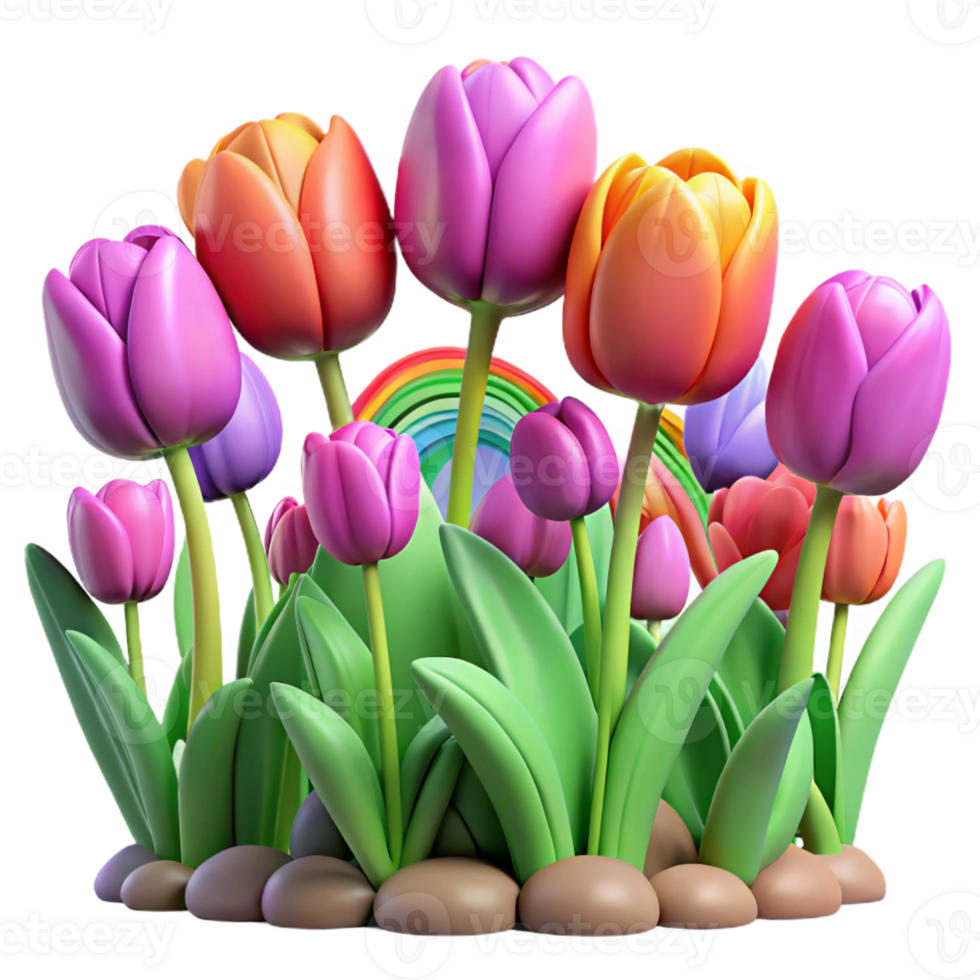 vibrant vintage A field of tulips in full bloom, with a rainbow of colors, in a vibrant, cheerful style professional png