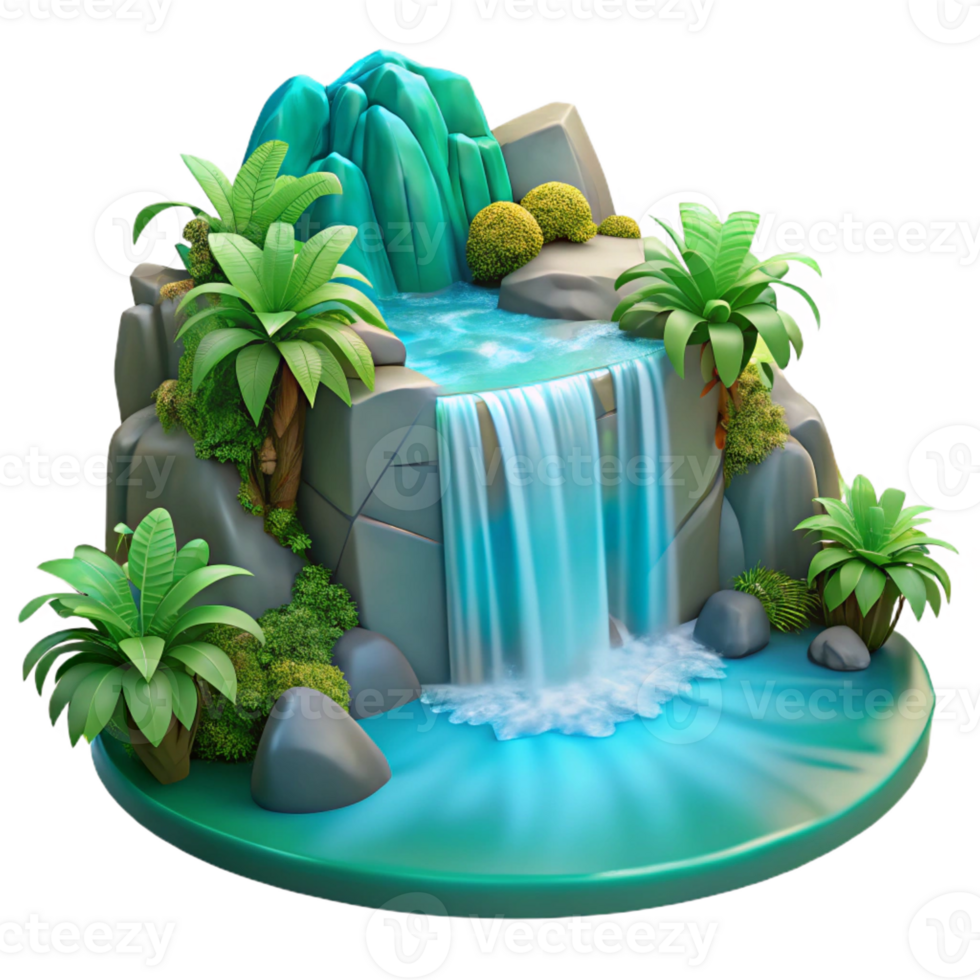 elegant classic A cascading waterfall plunging into a crystal-clear turquoise pool, surrounded by lush tropical vegetation, in a vibrant, HDR style genuine png