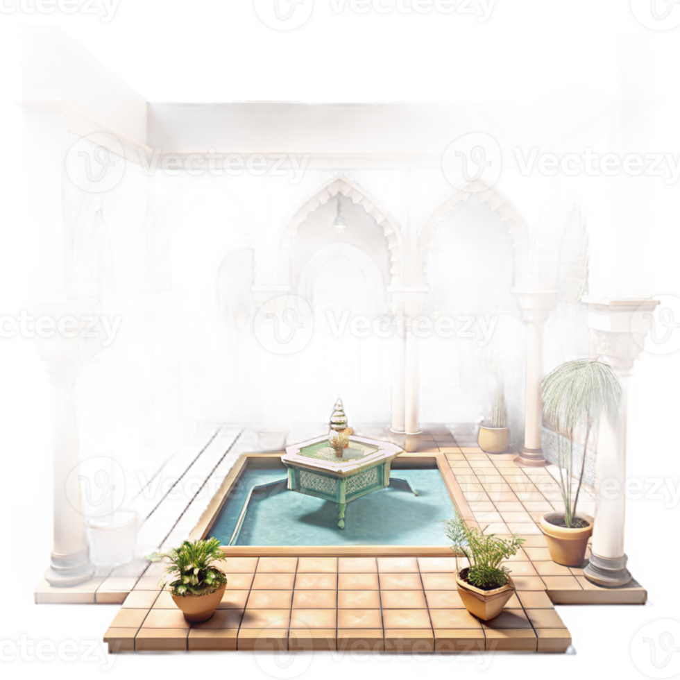 serene contemporary A Moroccan riad, intricate tilework, lush courtyard, midday sun, architectural photography premium png