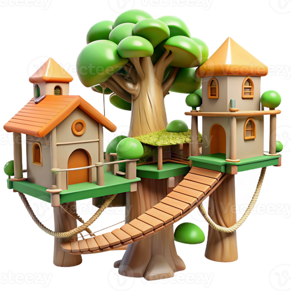dramatic artistic A treehouse village interconnected by rope bridges, lush forest setting, dappled sunlight, whimsical style authentic png