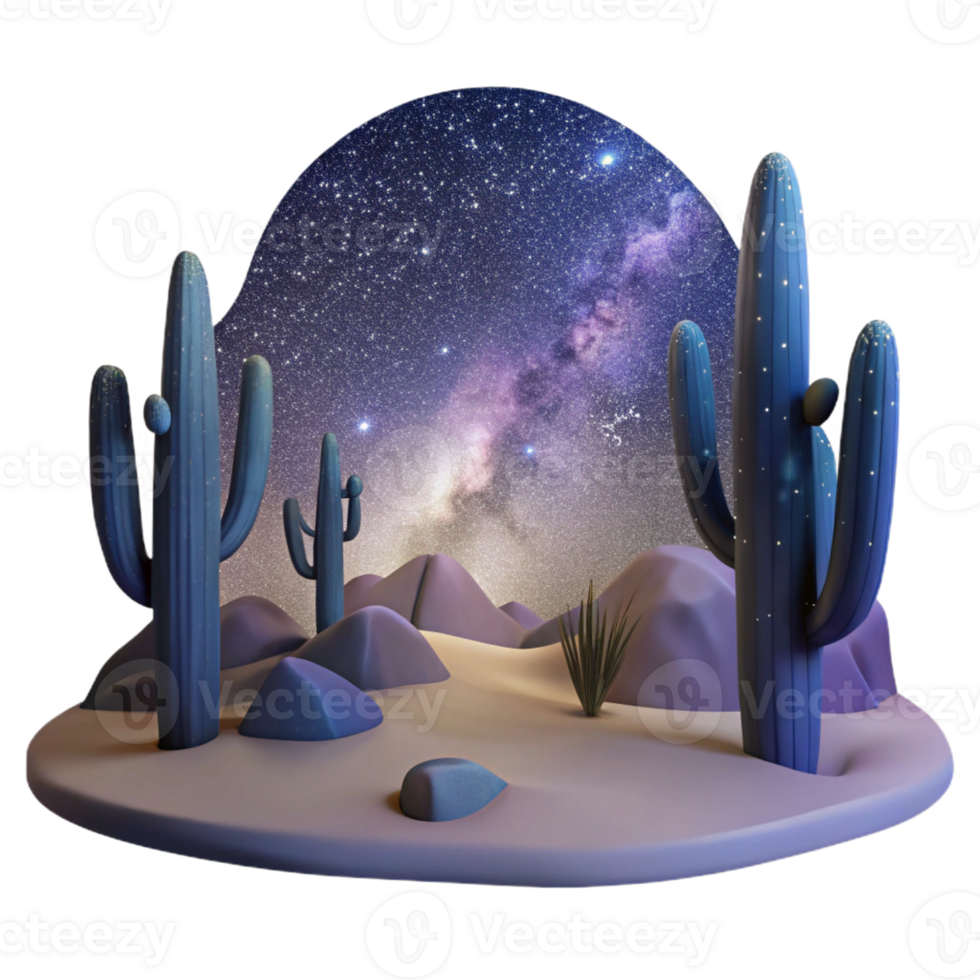 extraordinary traditional A desert landscape at night, illuminated by the Milky Way, with cacti silhouetted against the starry sky, in a surreal, dreamlike style genuine png