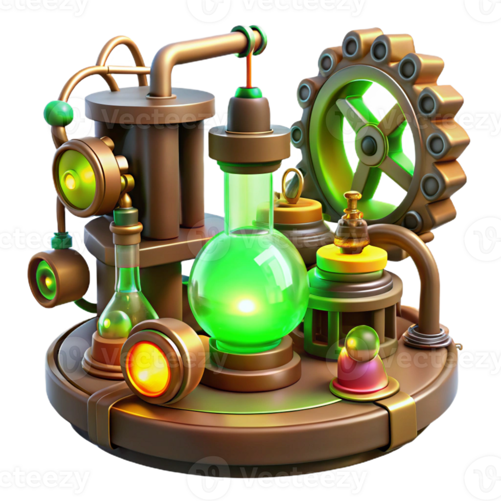 vibrant traditional A steampunk laboratory filled with bizarre inventions and intricate gadgets, cogs and gears scattered about, illuminated by a flickering, green light original png
