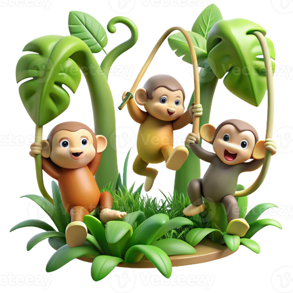 stunning classic A group of playful monkeys swinging through the jungle, dynamic poses and lush green foliage, cartoon style high resolution png