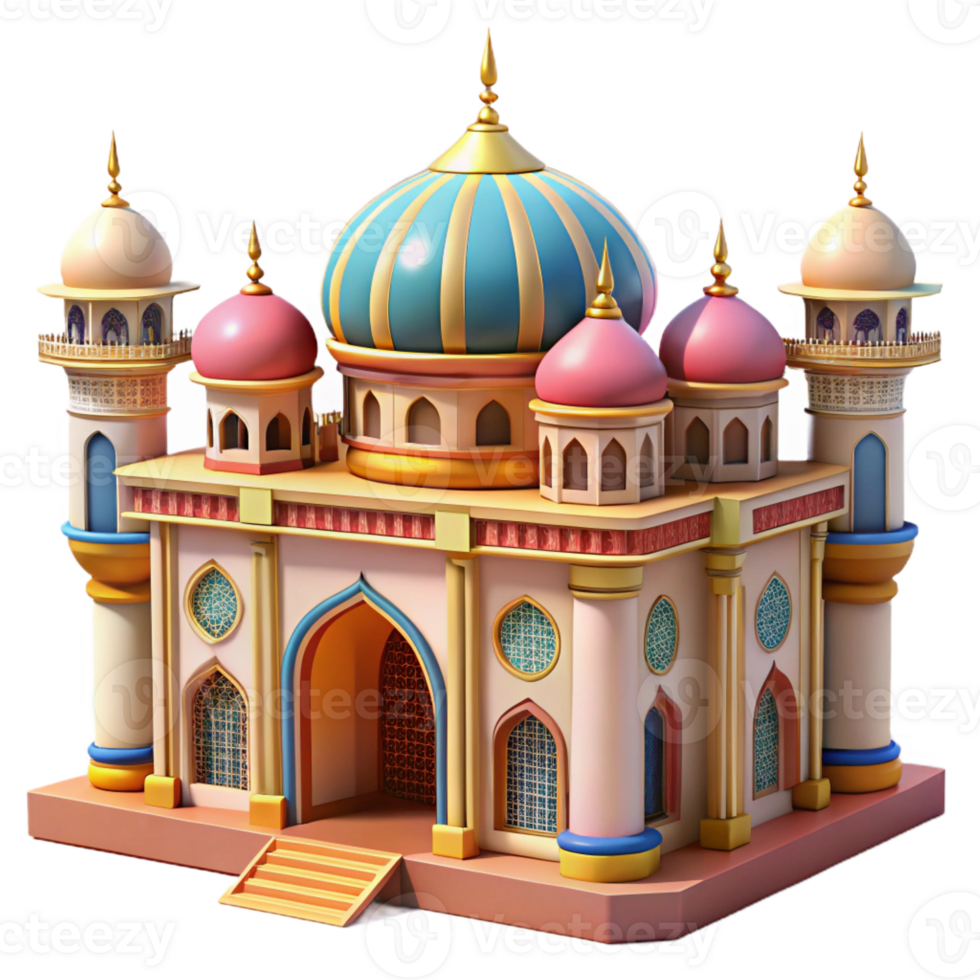 wonderful modern An intricate, Islamic mosque with colorful mosaics and ornate details, midday sun, vibrant, detailed textures, high quality png