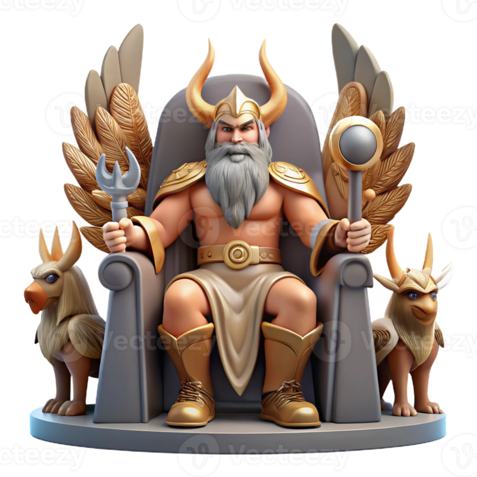 magnificent minimalist Odin, Allfather of the Norse gods, seated on his throne in Valhalla, surrounded by Valkyries, epic fantasy style authentic png