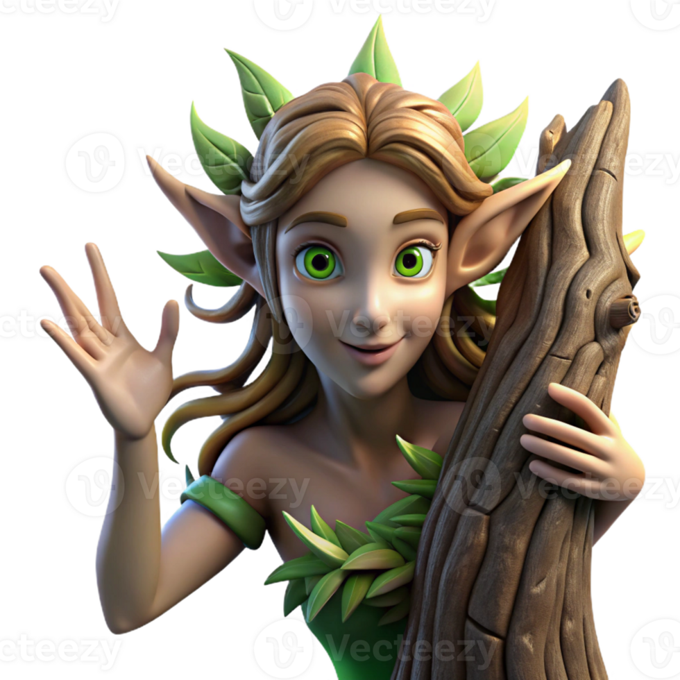 stunning rustic A dryad emerging from a tree trunk, sunlight dappling her skin, fantasy art style high quality png