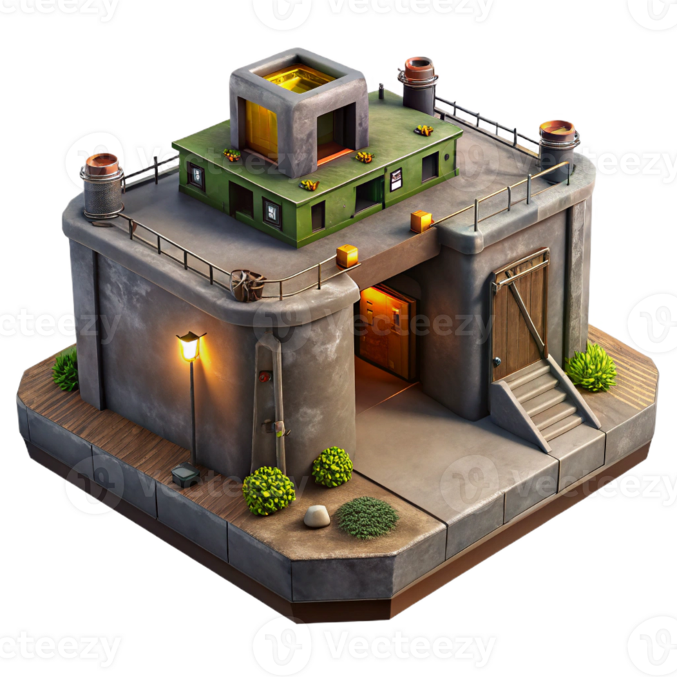 elegant vintage Underground bunker, concrete walls, dim lighting, survivalist theme, post-apocalyptic setting, realistic rendering, detailed png