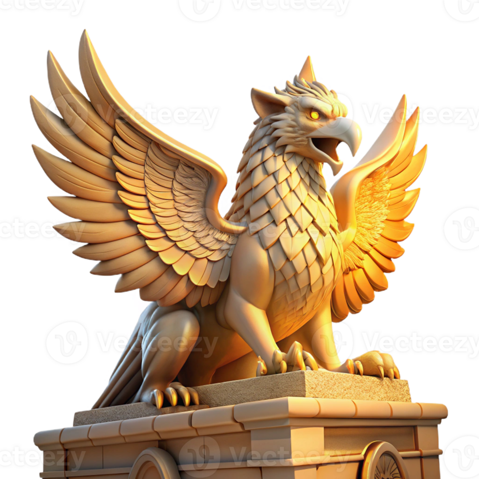 dramatic classic A majestic griffin perched atop a crumbling ziggurat bathed in golden sunset light, intricate carvings visible on its feathers and the stone, Art Nouveau style genuine png
