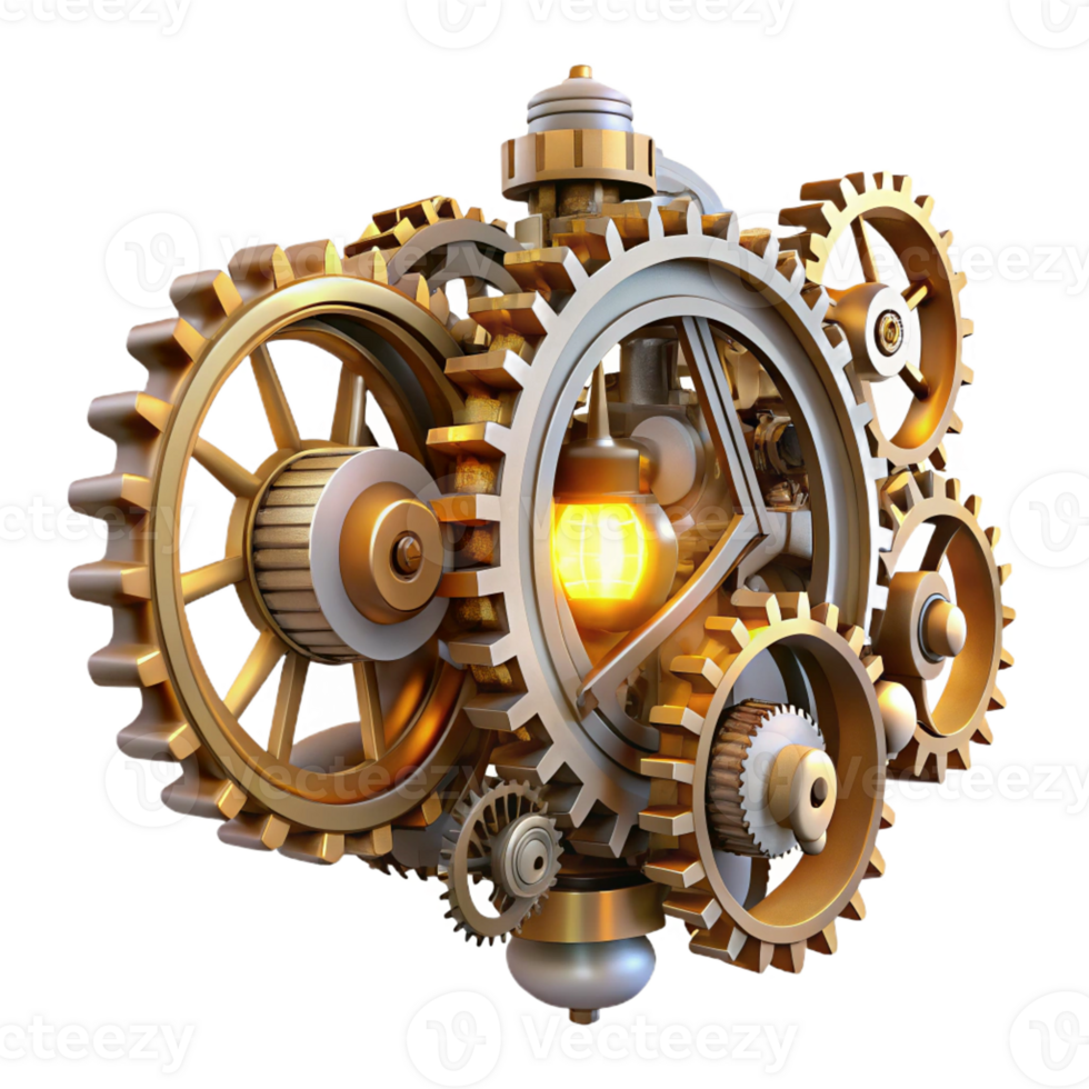 serene traditional A complex steampunk clockwork mechanism, gears turning, intricate details, illuminated by a bright, white light authentic png