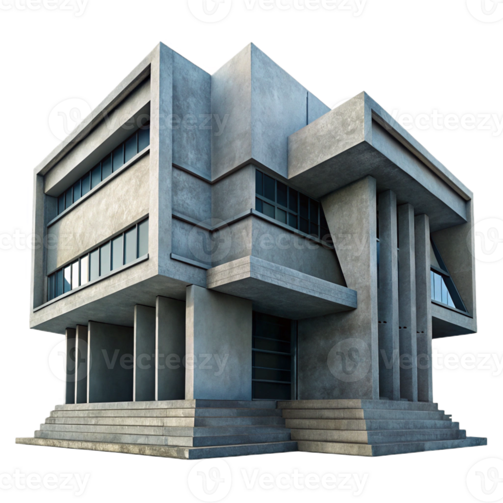 dramatic modern Brutalist concrete library, imposing and geometric, overcast sky, stark shadows, gritty realism, original png