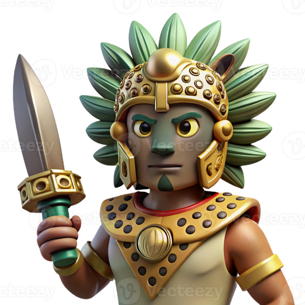 stunning classic A stoic Aztec warrior wearing a jaguar headdress, holding a obsidian blade, Aztec codex style, dramatic lighting, high resolution png