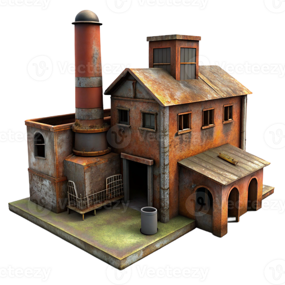 serene rustic An abandoned industrial factory, rusty and decaying, dimly lit, eerie, photorealistic, 4K png