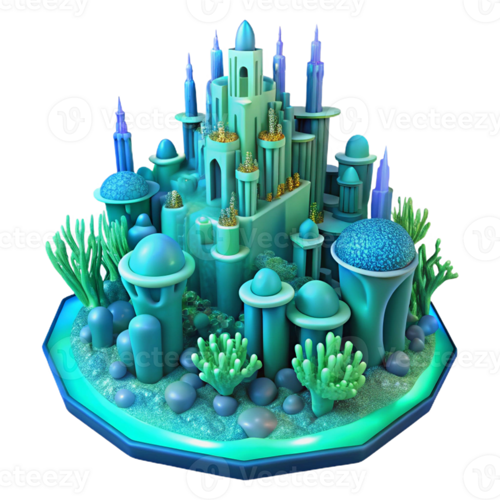 wonderful creative An underwater city built of coral and bioluminescent algae, ethereal blue-green light, Art Nouveau style, intricate details, original png