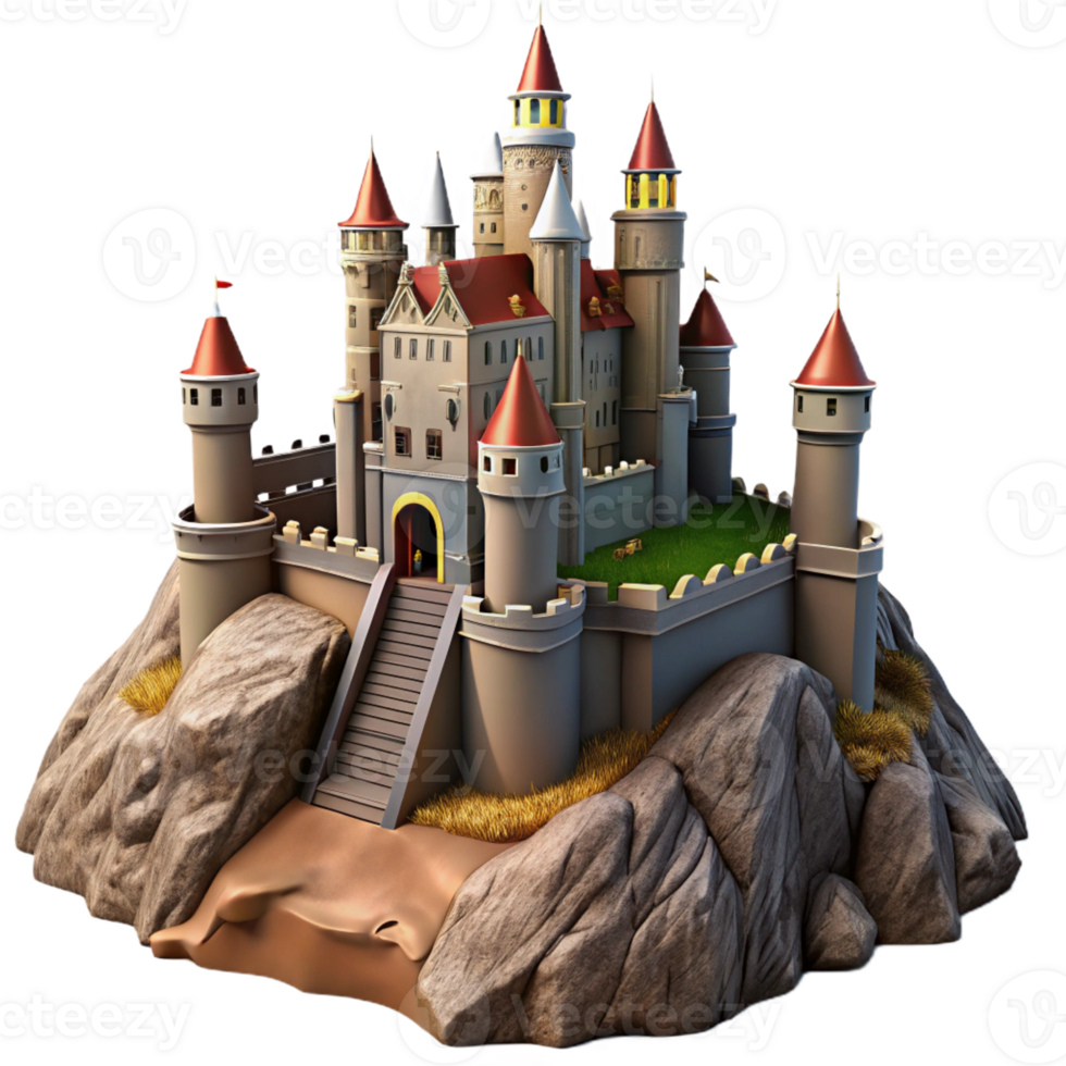 elegant creative A medieval castle perched on a mountaintop, fortified walls, dramatic lighting, fantasy setting professional png