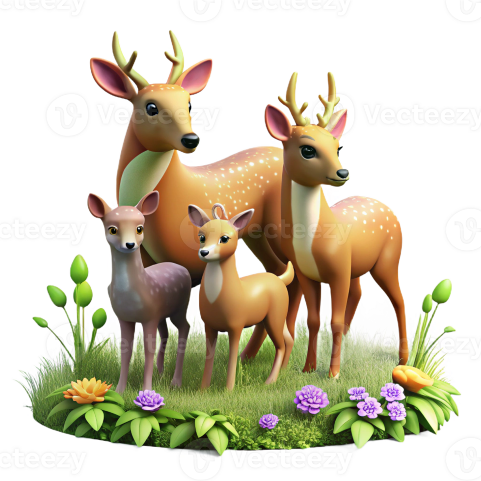 stunning minimalist A family of deer grazing in a sun-drenched meadow, wildflowers blooming around them, in a pastoral painting style detailed png