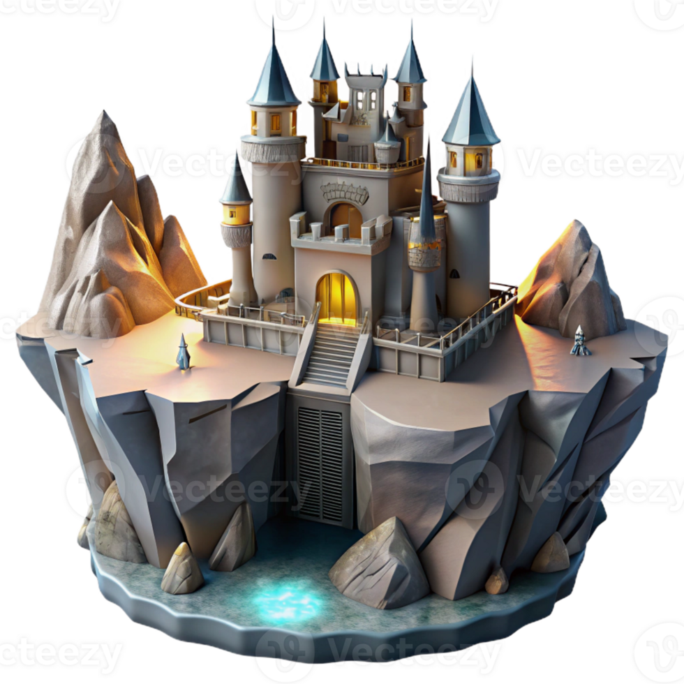 dramatic abstract A castle built into a cliff face, fantasy setting, dramatic lighting, premium png