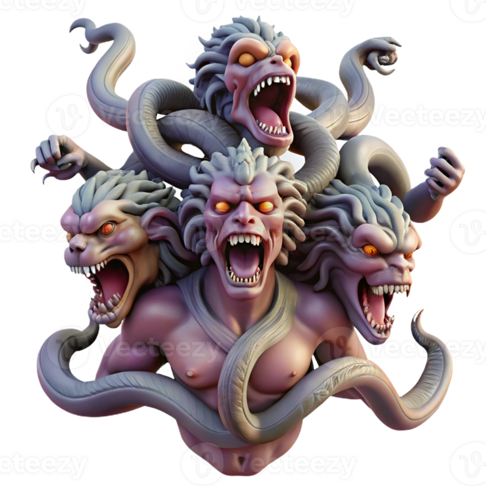 dramatic modern A hydra with multiple heads battling Hercules, dynamic and action-packed, Baroque painting style authentic png