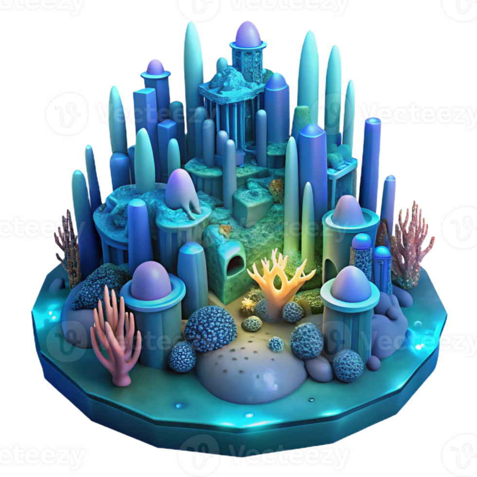 vibrant rustic An underwater city built of coral and glowing algae, deep ocean environment, bioluminescent lighting, otherworldly and mysterious high quality png