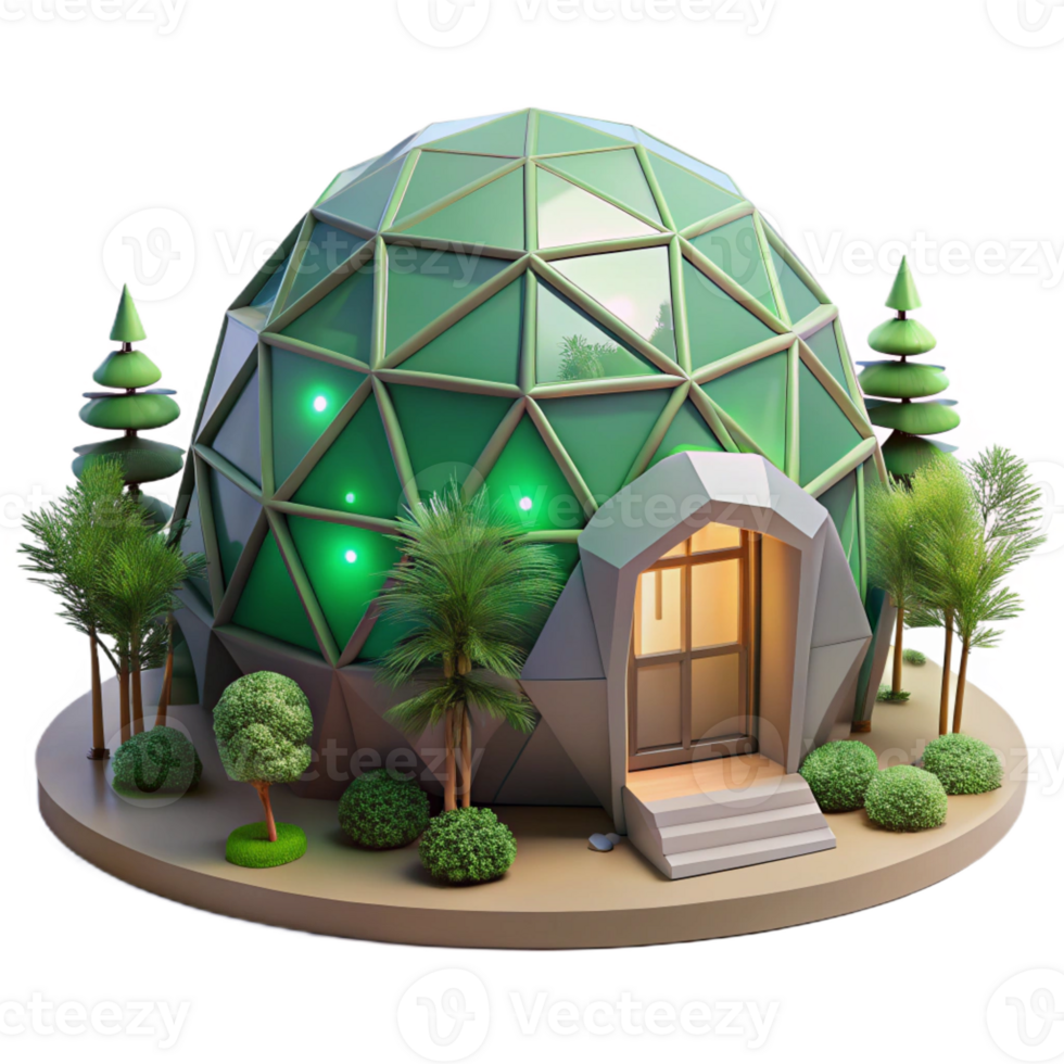 serene abstract A geodesic dome house nestled in a forest, soft green light filtering through the trees, eco-futurism style, high resolution png