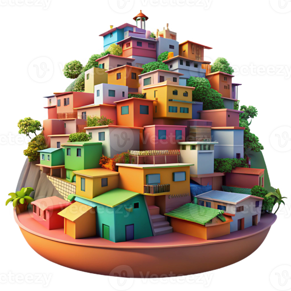 serene modern A colorful favela built on a hillside, vibrant hues, dynamic composition, documentary style, high resolution png