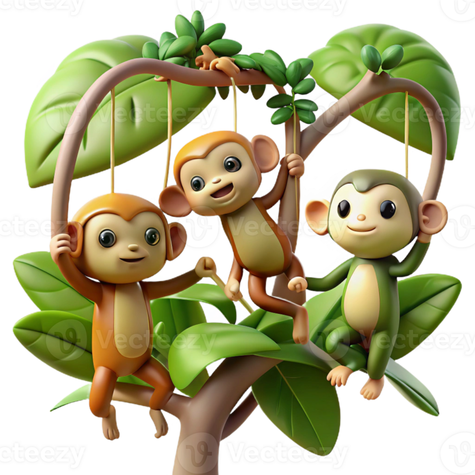 stunning creative A group of playful monkeys swinging through the branches of a lush rainforest, illuminated by dappled sunlight, in a vibrant cartoon style 4K png