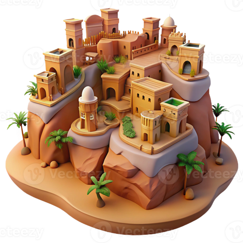 beautiful modern A desert oasis town built into sandstone cliffs, warm earthy tones, intricate carvings, sunset lighting high quality png