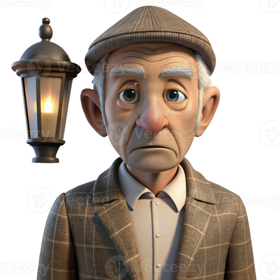 magnificent classic An elderly man with deep wrinkles and a weary expression, wearing a tattered tweed suit, lit by a dim streetlamp, chiaroscuro genuine png