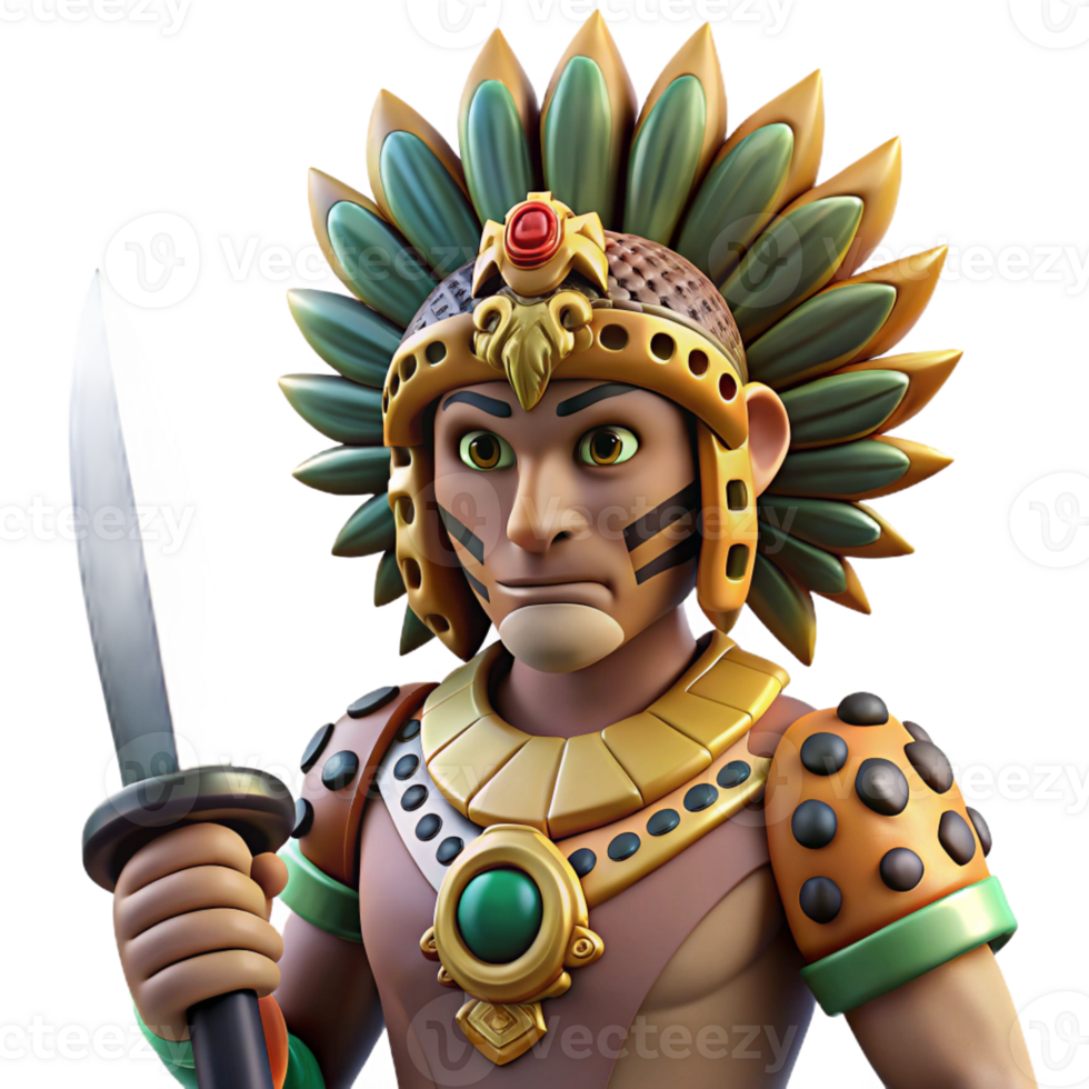 magnificent modern A stoic Aztec warrior wearing a jaguar headdress, holding a obsidian blade, Aztec codex style, dramatic lighting, genuine png