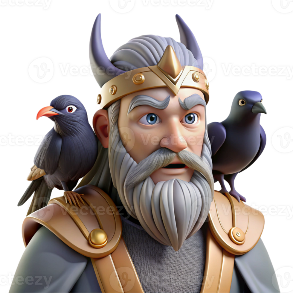 vibrant artistic A wise Odin with his ravens Huginn and Muninn perched on his shoulders, depicted in a Viking art style original png