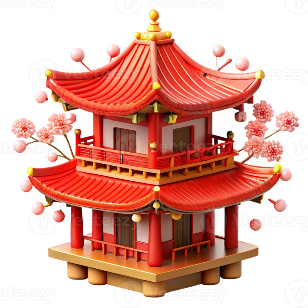 extraordinary abstract A traditional Chinese pagoda, vibrant red and gold details, intricate carvings, surrounded by cherry blossoms, soft lighting original png