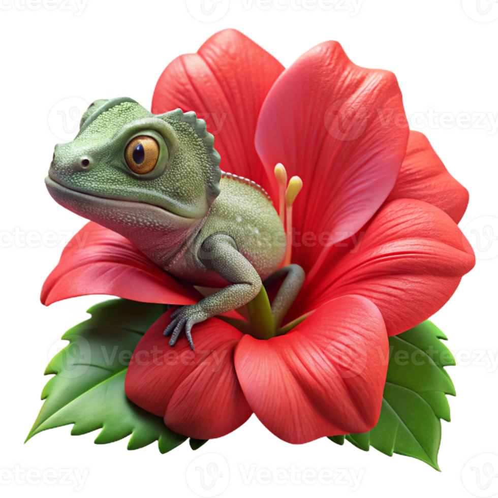 elegant creative A chameleon perched on a bright red hibiscus flower, its skin perfectly camouflaged, captured in macro photography with intricate details genuine png