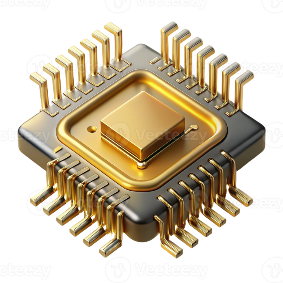 beautiful minimalist A single microchip, its golden contacts gleaming, intricate pathways etched onto its surface, extreme close-up, macrophotography style, dramatic lighting professional png