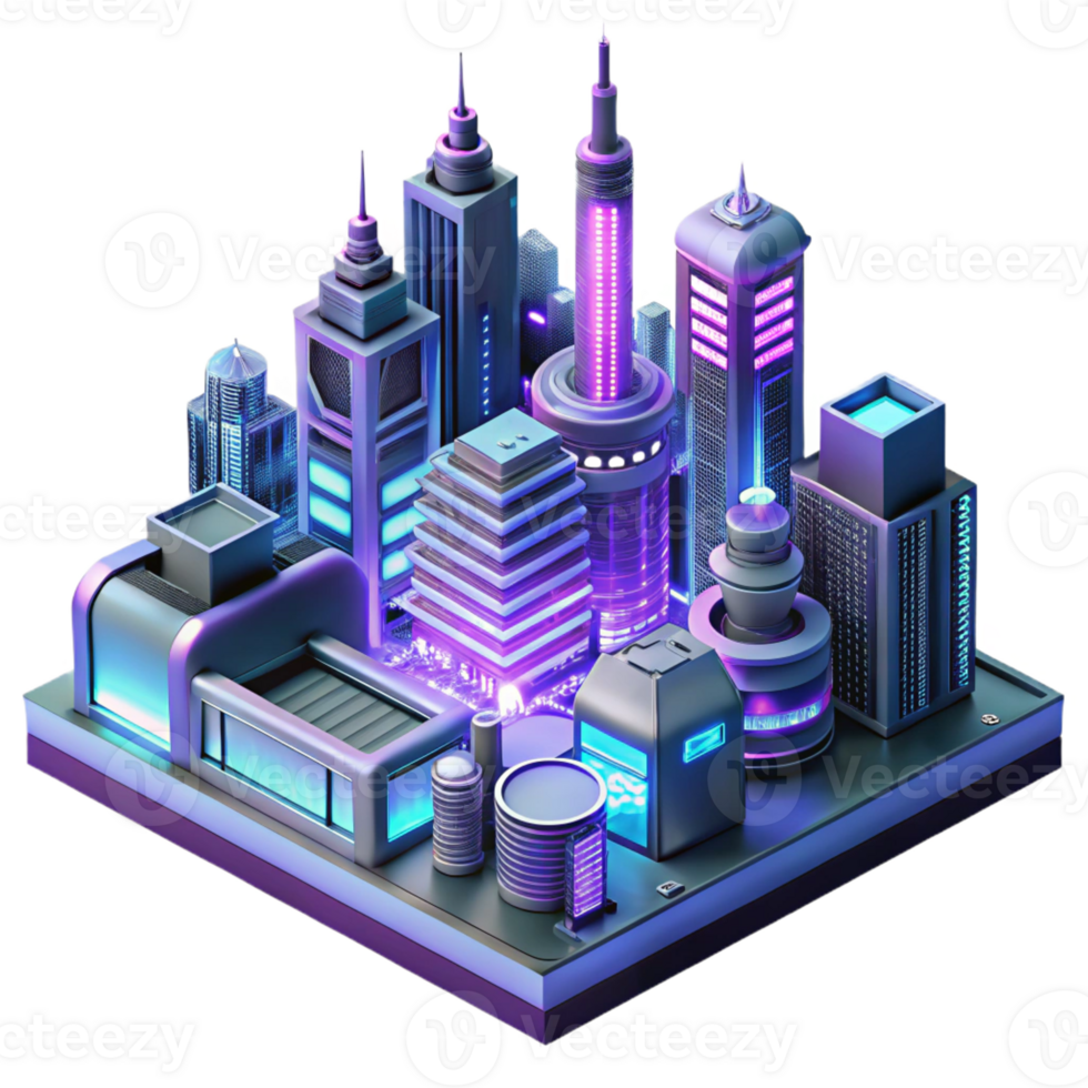 beautiful minimalist A futuristic megacity with layered infrastructure, neon lights, cyberpunk style, high angle view, high quality png