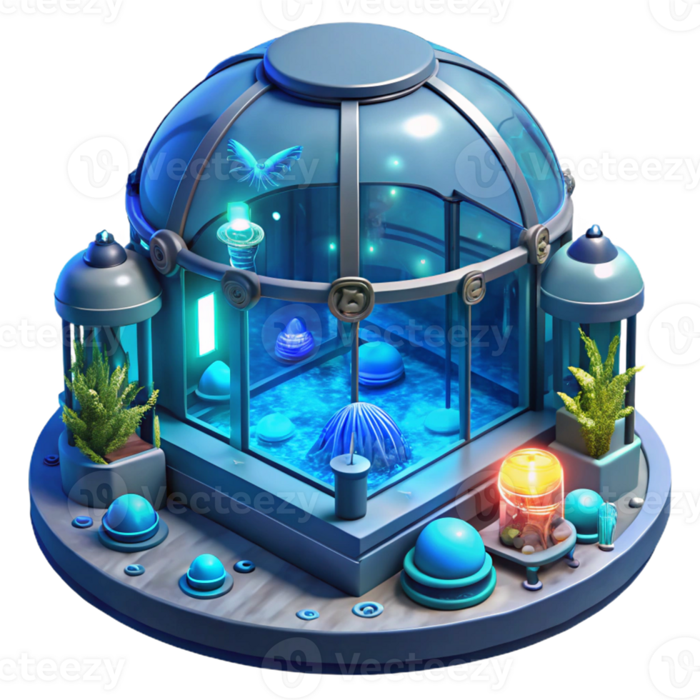 beautiful vintage An underwater research facility with panoramic windows, bioluminescent creatures outside, sci-fi style, cool blue light, high quality png