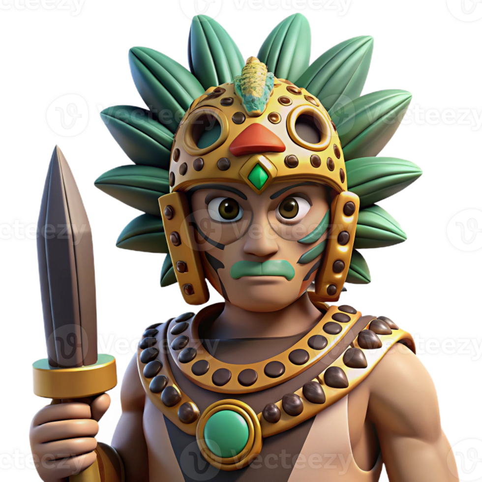 wonderful minimalist A stoic Aztec warrior wearing a jaguar headdress, holding a obsidian blade, Aztec codex style, dramatic lighting, 4K png