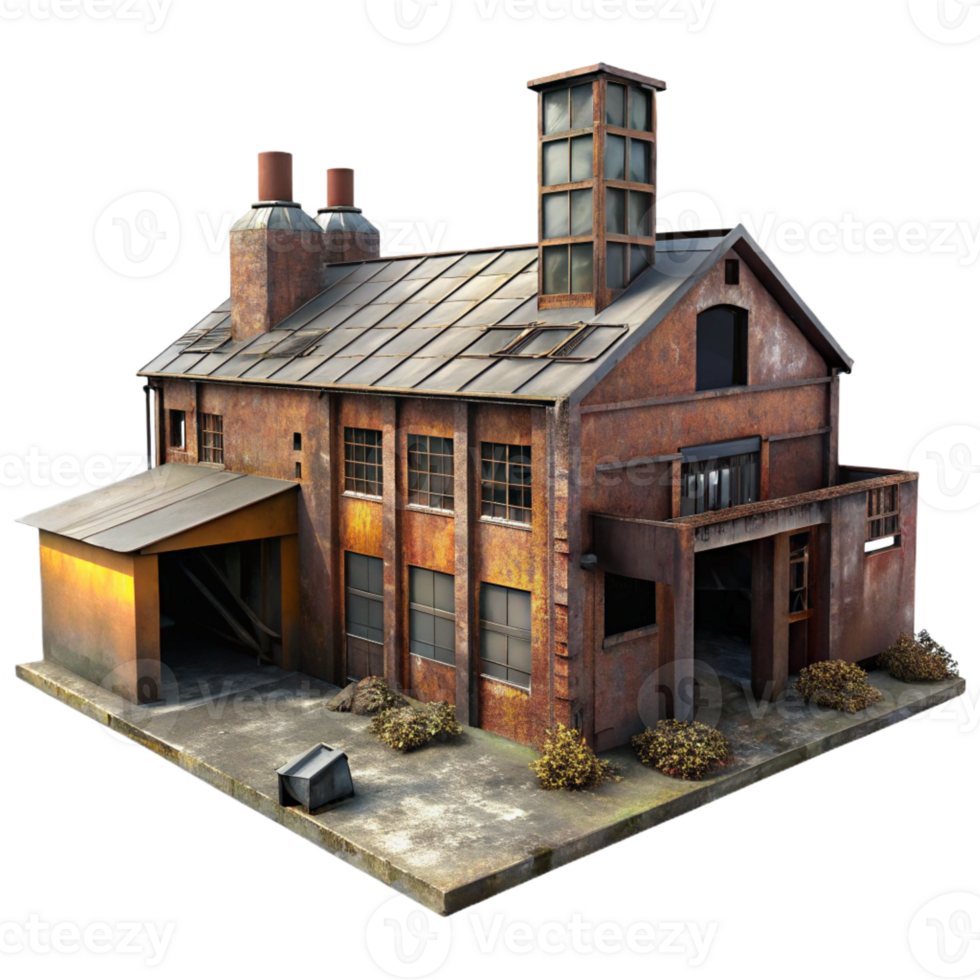 stunning traditional Abandoned factory, rusted metal, broken windows, dimly lit interior, urban decay theme, gritty realism, authentic png