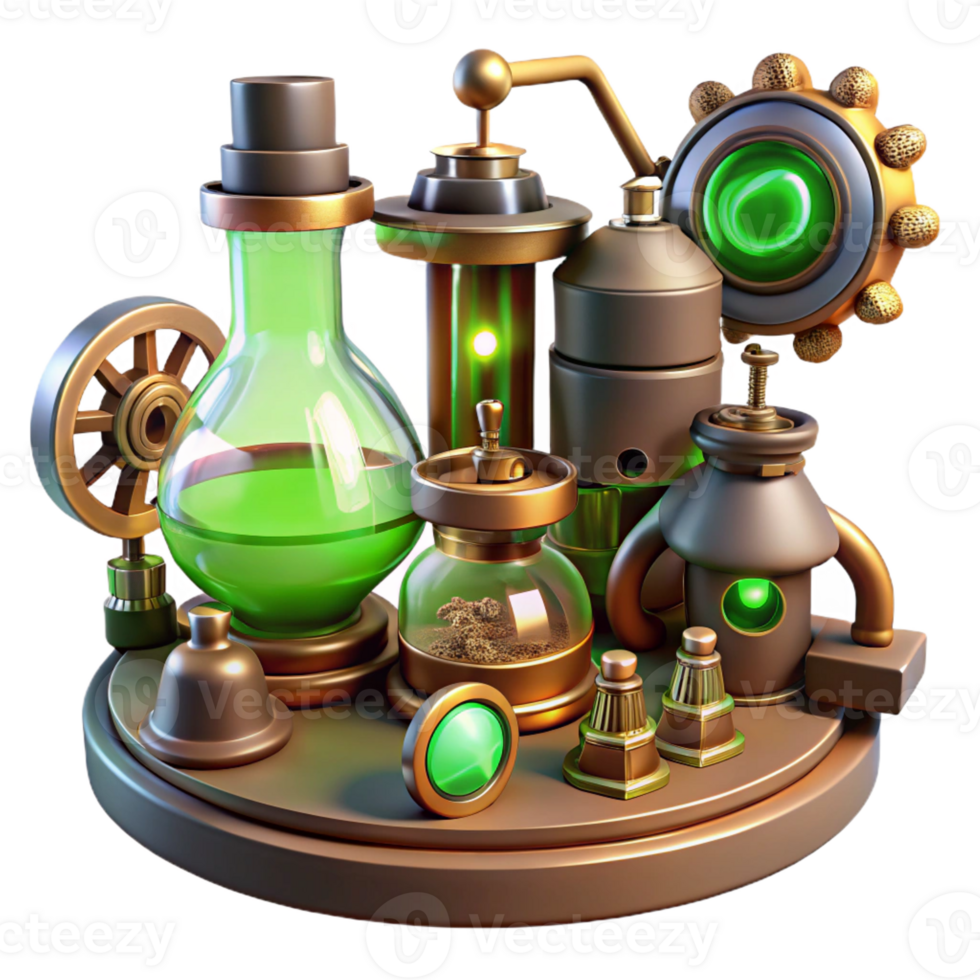 stunning abstract A steampunk laboratory filled with bizarre inventions and intricate gadgets, cogs and gears scattered about, illuminated by a flickering, green light 4K png