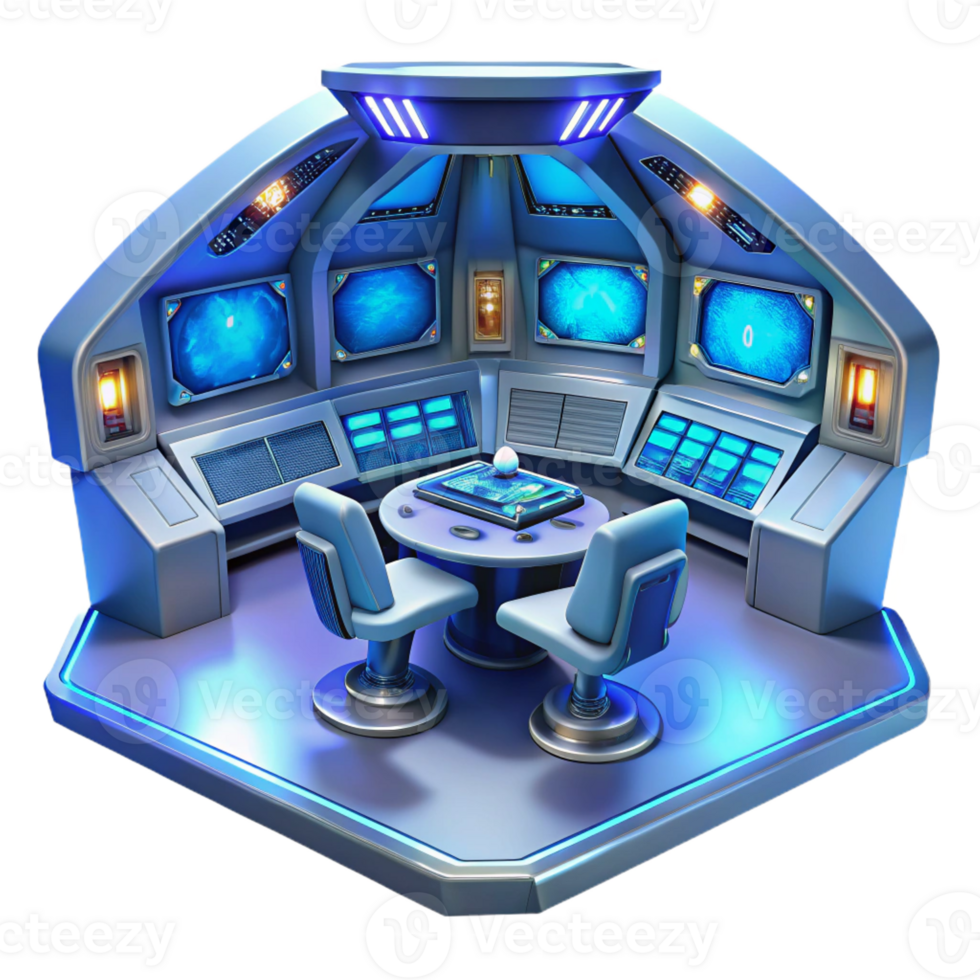 elegant traditional A futuristic spaceship interior with holographic displays and sleek control panels, dim blue lighting genuine png