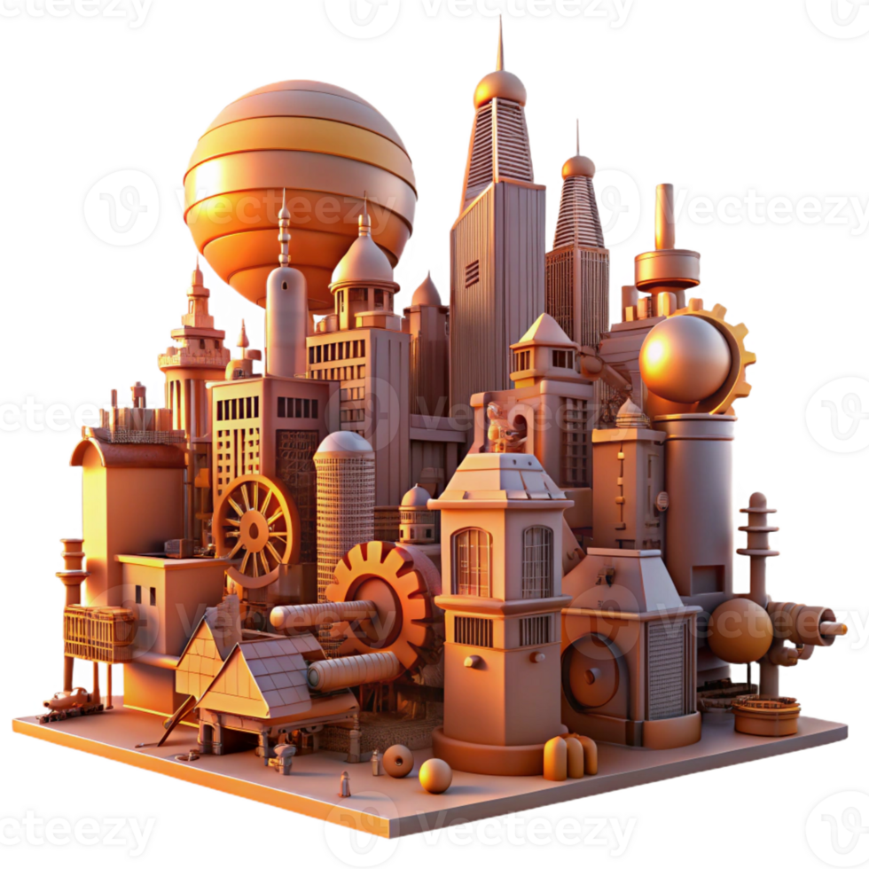 dramatic classic A steampunk cityscape with towering buildings and intricate airships, cogs and gears visible throughout, illuminated by a vibrant, orange sunset authentic png