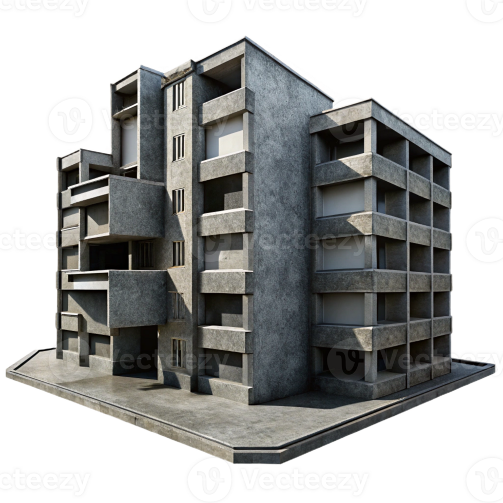 vibrant creative A brutalist concrete apartment complex, harsh shadows, high contrast black and white photography, gritty realism, 4K png