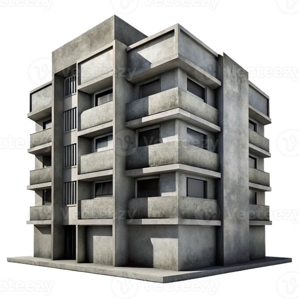 magnificent rustic A single Brutalist concrete apartment building, harsh shadows, overcast sky, monochrome, gritty texture premium png
