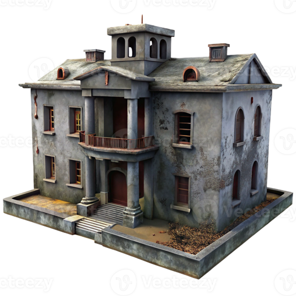 dramatic traditional An abandoned asylum, decaying walls and peeling paint, dim lighting, horror theme high quality png