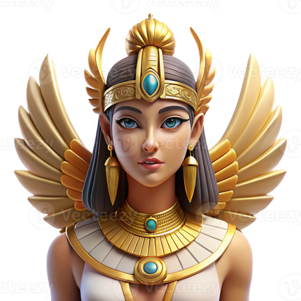 stunning abstract The Egyptian goddess Isis, adorned with intricate hieroglyphic patterns and a radiant crown, art deco style professional png