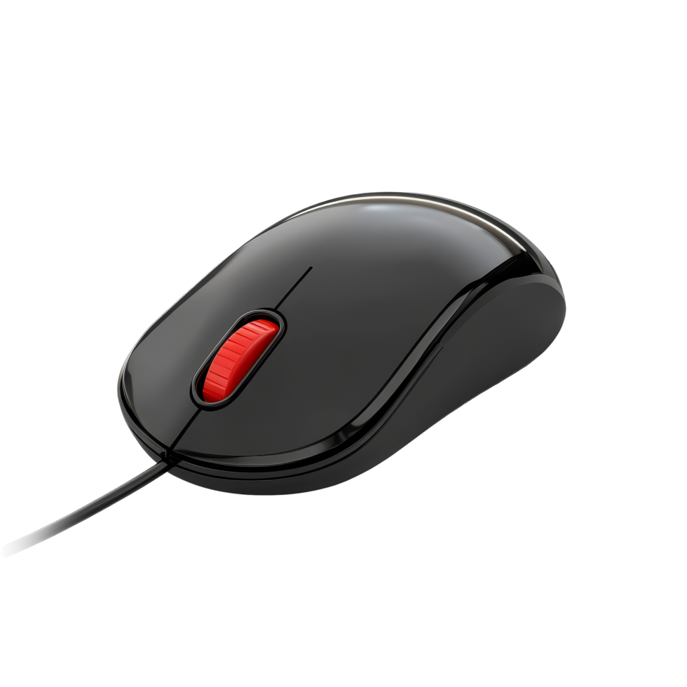 A sleek black computer mouse with a red scroll wheel on a clean transparent background showcasing modern design suitable for tech enthusiasts, computer mouse on transparent backgroundfile png