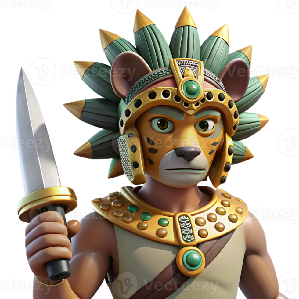 vibrant artistic A stoic Aztec warrior wearing a jaguar headdress, holding a obsidian blade, Aztec codex style, dramatic lighting, high resolution png