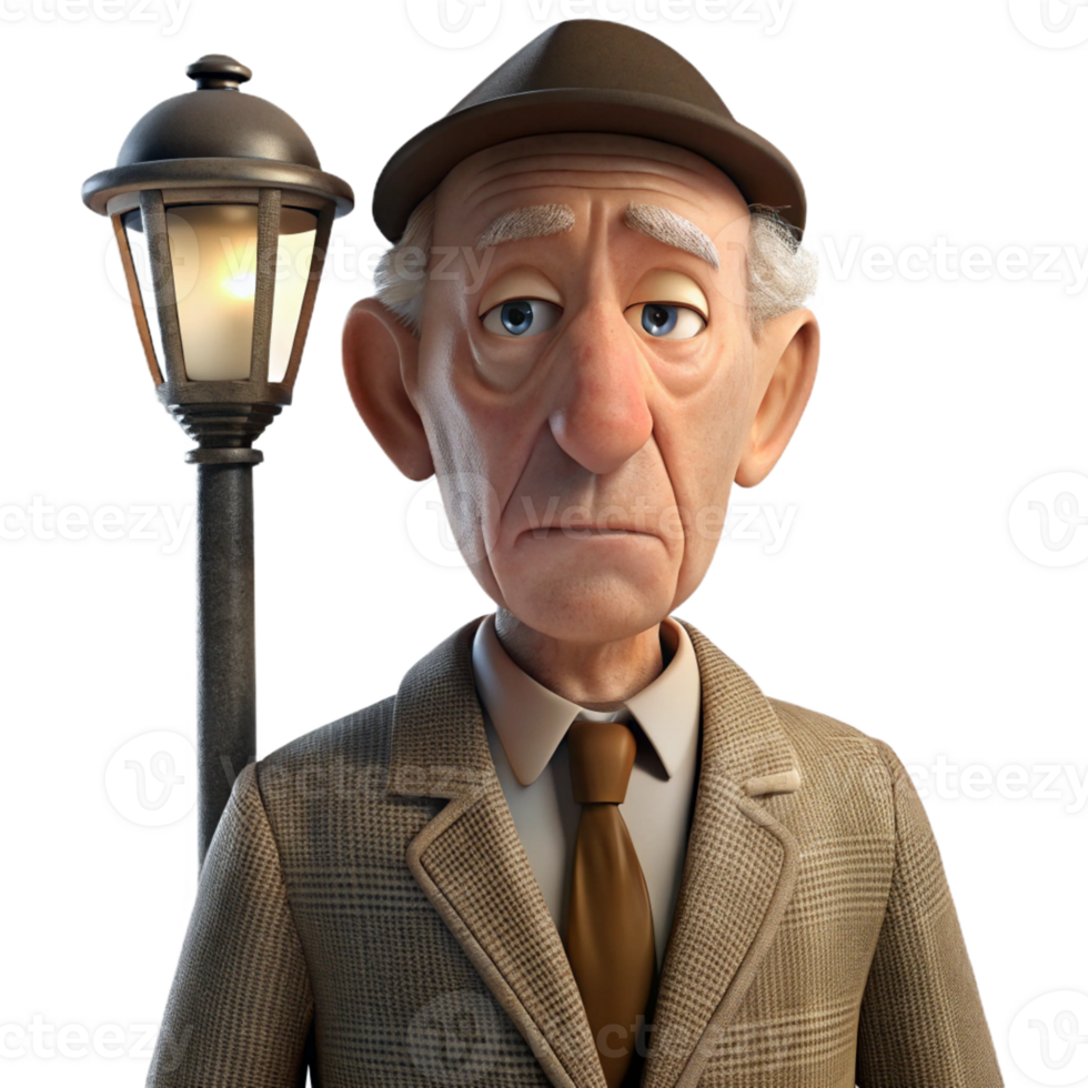 elegant vintage An elderly man with deep wrinkles and a weary expression, wearing a tattered tweed suit, lit by a dim streetlamp, chiaroscuro high resolution png