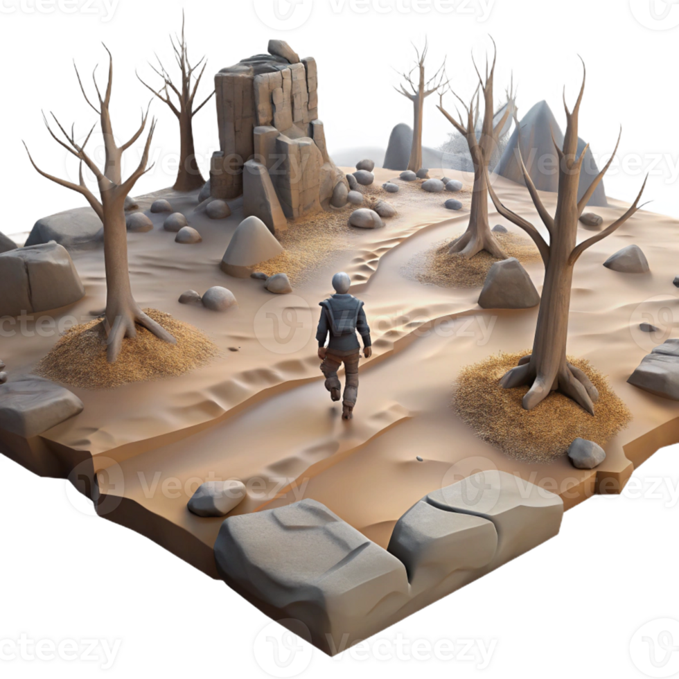 impressive modern A lone wanderer traversing a desolate wasteland, bleak, overcast lighting, post-apocalyptic fantasy style genuine png